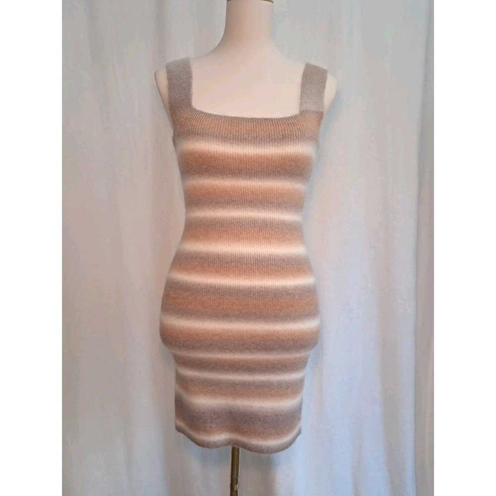 NEW Miou Muse Sweater Tank Dress Striped Brown Beige Part Wool Bodycon Size M
